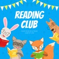 Reading Club, Kids Educational Community, Bookstore, Library Design, Cute Wild Animals Reading Books Cartoon Vector