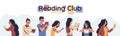 Reading club poster. Men and women holding open books, readers enjoying of stories. Horizontal banner with lettering Royalty Free Stock Photo