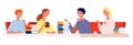 Reading club. Young people meeting cafe with books. Students prepare to exam together vector illustration