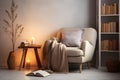 Reading corner with a comfortable chair and a stack of books. Cozy hygge interior. Generative AI Royalty Free Stock Photo