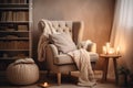 Reading corner with a comfortable chair and a stack of books. Cozy hygge interior. Generative AI Royalty Free Stock Photo