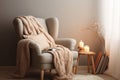 Reading corner with a comfortable chair and a stack of books. Cozy hygge interior. Generative AI Royalty Free Stock Photo