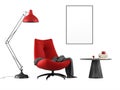 Reading corner with modern armchair isolated on white