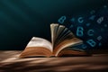 Reading, Education, Learning Concept. Manipulation Photo of Opened Book with Blowing Alphabet Royalty Free Stock Photo