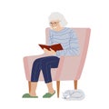 Reading elderly woman on armchair. Grandmother sitting on armchair with book. Vector cute flat illustration isolated on Royalty Free Stock Photo