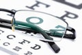 Reading eye glasses with eye chart on white Royalty Free Stock Photo