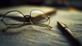 reading glasses and a ballpoint pen lie on a newspaper Royalty Free Stock Photo