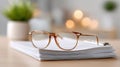 Reading glasses lying on stack of documents in soft light concept of office work education and business planning Royalty Free Stock Photo