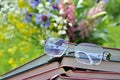 Reading glasses with open books Royalty Free Stock Photo