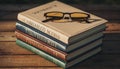 Reading glasses resting on a stack of vintage hardcover books on a rustic wooden table, symbolizing knowledge, study, and Royalty Free Stock Photo