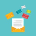 Reading inbox messages. Mail vector. Opening envelope.