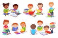Reading kid. Cartoon children read book, literature for kids, boys and girls readers group with piles of books vector Royalty Free Stock Photo