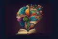Reading is knowledge concept. Composition of an open book with emerging colorful elements. Royalty Free Stock Photo