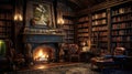 reading library with fireplace