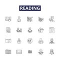 Reading line vector icons and signs. Books, Literature, Novels, Texts, Comprehension, Stories, Magazines, Study outline