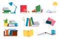 Reading literature, flat book stacks and piles for study. Open and closed books with lamp. Bookstore, school or