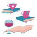 Reading logo with books, cups and glass of wine Royalty Free Stock Photo