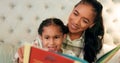 Reading, mother and daughter in bedroom with book, teaching and happy learning time in family home. Knowledge, fantasy Royalty Free Stock Photo