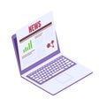 Reading news on laptop isometric vector illustration - newspaper page on screen of mobile computer Royalty Free Stock Photo