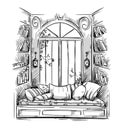 Reading nook, cozy window seat vector drawing Royalty Free Stock Photo