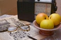 Reading old Soviet newspapers, vintage radio