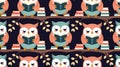 Colorful owls sit on tree branches reading books with stacks of books beside them in a cute repeating pattern on a dark background Royalty Free Stock Photo