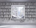 Reading place with bookshelves,white books, wooden floor