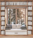 Reading place with bookshelves,white books, wooden floor Royalty Free Stock Photo