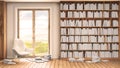 Reading place with bookshelves,white books, wooden floor