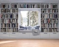 Reading place with wooden floor,bookshelves, white wall Royalty Free Stock Photo