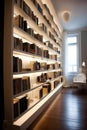 Reading place with wooden floor,bookshelves, white wall Royalty Free Stock Photo