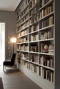 Reading place with wooden floor,bookshelves, white wall