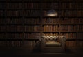 Reading room in old library or house.Vintage style leather armchair with ceiling lamp.Night scene room. Royalty Free Stock Photo