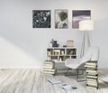 Reading room, white wall, white wooden floor with stacks of books