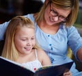 Reading, story and mother with child in home with smile, learning and relax with study knowledge. Storytelling, happy Royalty Free Stock Photo