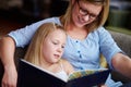 Reading, storytelling and mother with child in library with smile, learning and relax with study knowledge. Books, happy Royalty Free Stock Photo