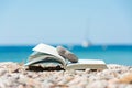 Reading in summer vacation, concept. Book on the pebble beach x Royalty Free Stock Photo