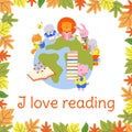 Reading time background. Books day poster with earth and cute animals reading. Back to school, preschool wild little