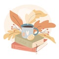 Reading time. Cup of tea on pile of books. Cozy autumn days