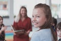 Reading time in an elementary school or kindergarten, a teacher reads a book to children in an elementary school or Royalty Free Stock Photo