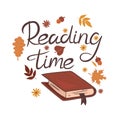 Reading time inscription, book, leaves and flowers on a white background. Vector graphics