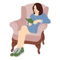 Reading young woman on armchair. Girl sitting on armchair with book. Vector cute flat illustration isolated on white Royalty Free Stock Photo