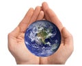 Hands holding Earth globe isolated on white background, clipping path included Royalty Free Stock Photo