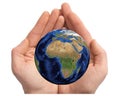 Hands holding Earth globe isolated on white background. Royalty Free Stock Photo