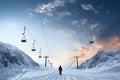 Ready for adventure, a snowboarder stands beneath the cable road