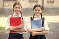 ready for classes. Homeschooling during quarantine. Child care and happy childhood. teen schoolgirls doing homework Royalty Free Stock Photo