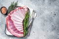 Ready for cooking Rack of lamb, raw mutton ribs with herbs. Gray background. Top view. Copy space Royalty Free Stock Photo