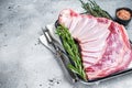 Ready for cooking Rack of lamb, raw mutton ribs with herbs. Gray background. Top view. Copy space Royalty Free Stock Photo