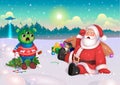 Santa and Alien, Happy New Year, postcard, vector.