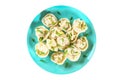 Ready dumplings. Dumplings isolated on white background. Boiled dumplings on a plate. Top view.